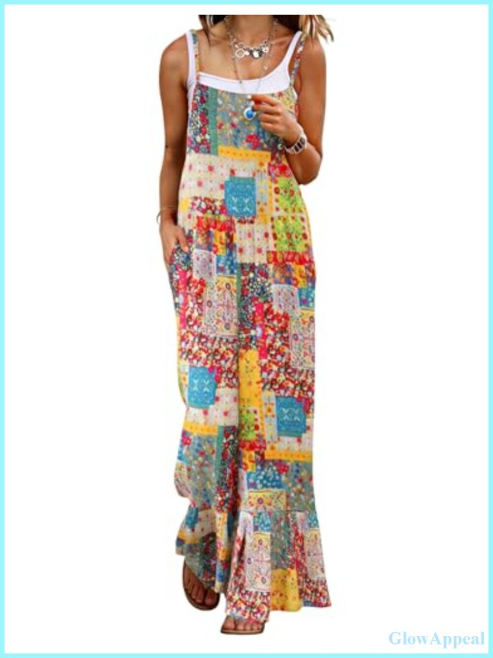 Womens Ruffle Hem Bib Overalls Floral Patchwork Adjustable Spaghetti Straps